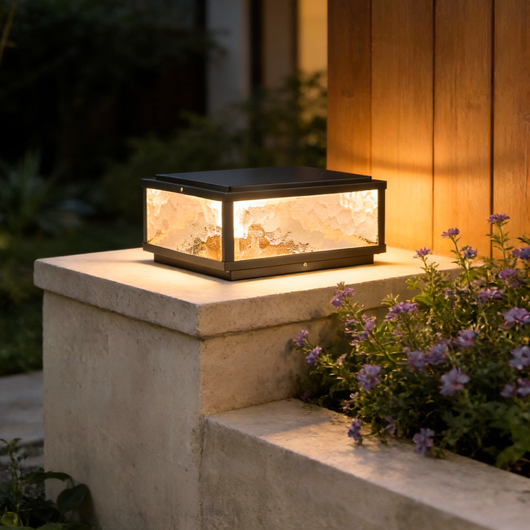 Square Outdoor Pillar Light — Die-Cast Aluminum, Black, E27, Solar / Hardwired, Waterproof, 4 Sizes