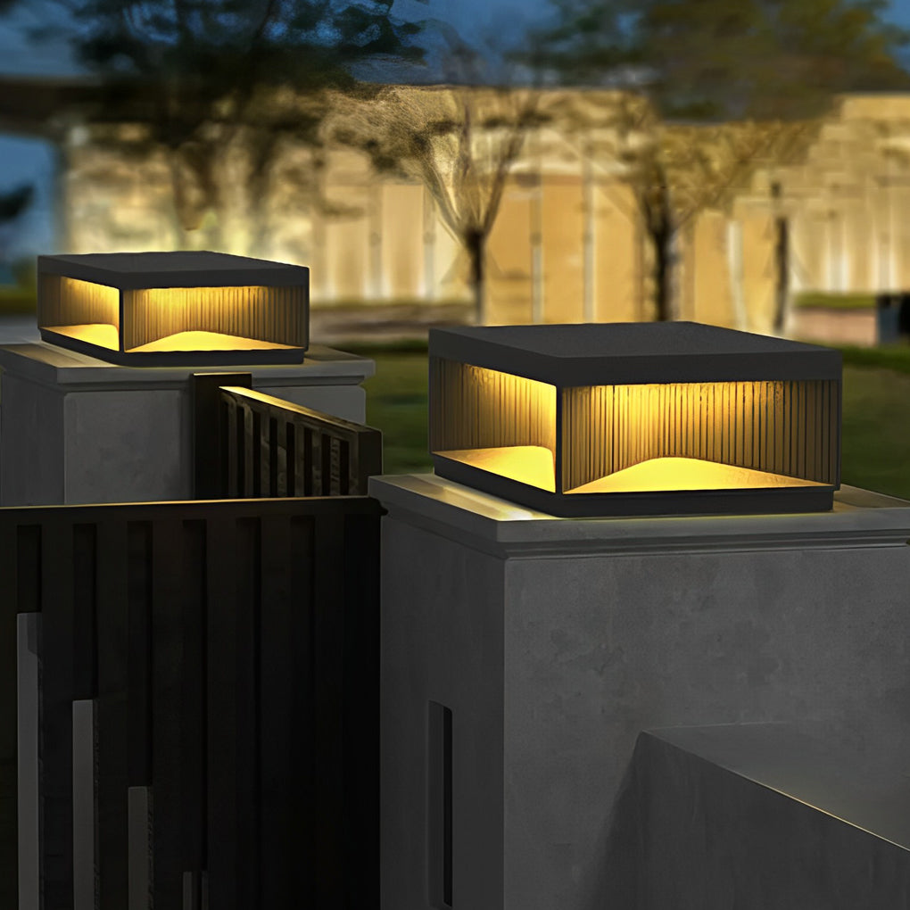 Striped Square Outdoor Pillar Light — Stainless Steel & Tempered Glass, LED 3000K, IP65, Solar / Hardwired, 4 Sizes