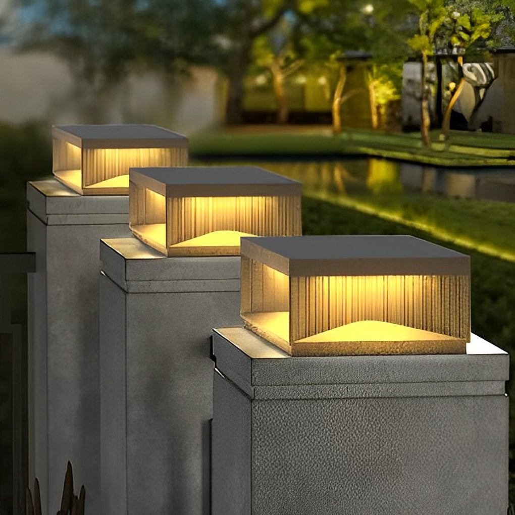 Striped Square Outdoor Pillar Light — Stainless Steel & Tempered Glass, LED 3000K, IP65, Solar / Hardwired, 4 Sizes