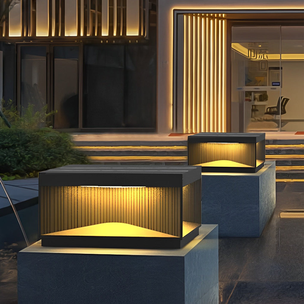 Striped Square Outdoor Pillar Light — Stainless Steel & Tempered Glass, LED 3000K, IP65, Solar / Hardwired, 4 Sizes