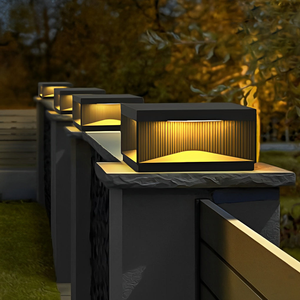 Striped Square Outdoor Pillar Light — Stainless Steel & Tempered Glass, LED 3000K, IP65, Solar / Hardwired, 4 Sizes