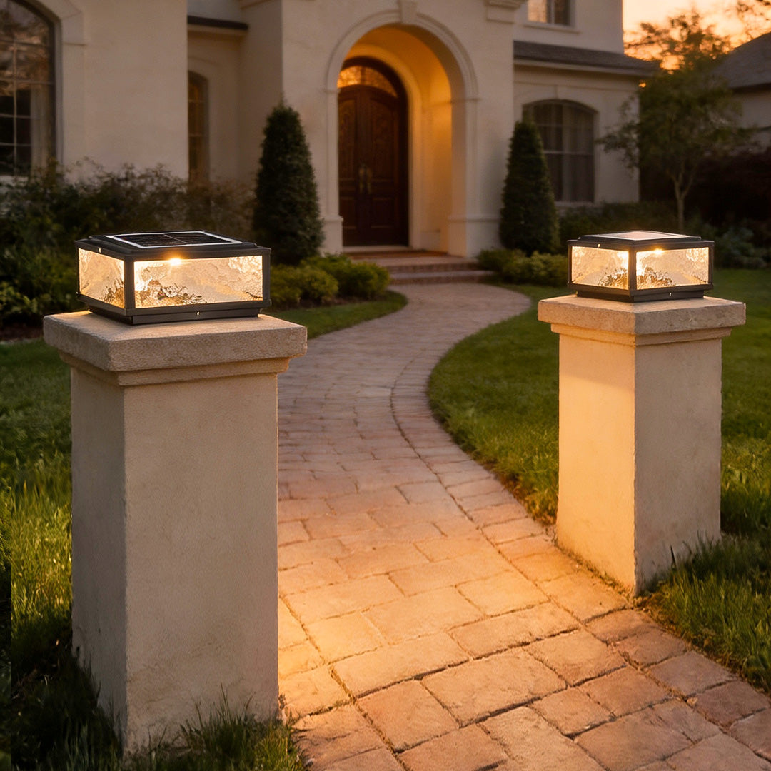 Square Outdoor Pillar Light — Die-Cast Aluminum, Black, E27, Solar / Hardwired, Waterproof, 4 Sizes