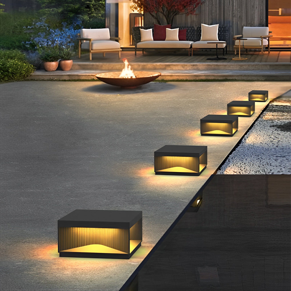 Striped Square Outdoor Pillar Light — Stainless Steel & Tempered Glass, LED 3000K, IP65, Solar / Hardwired, 4 Sizes