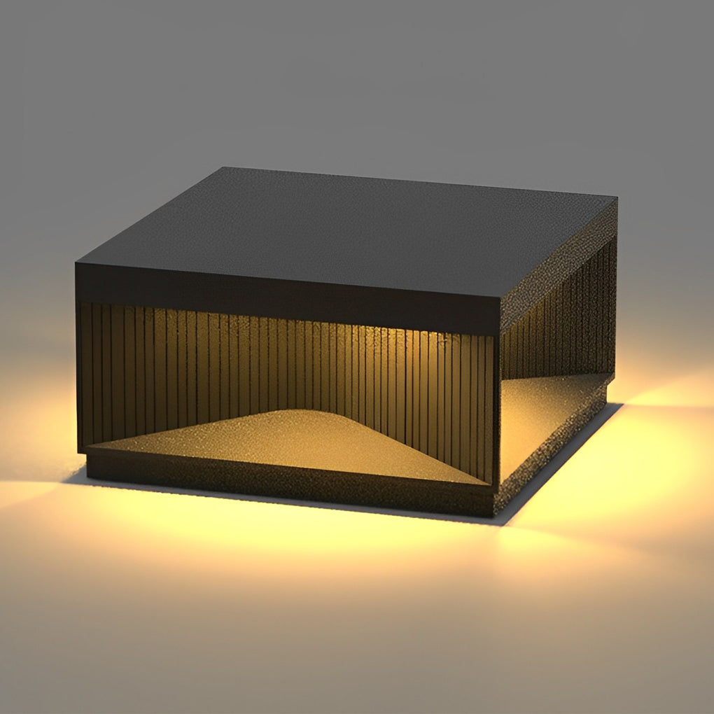 Striped Square Outdoor Pillar Light — Stainless Steel & Tempered Glass, LED 3000K, IP65, Solar / Hardwired, 4 Sizes