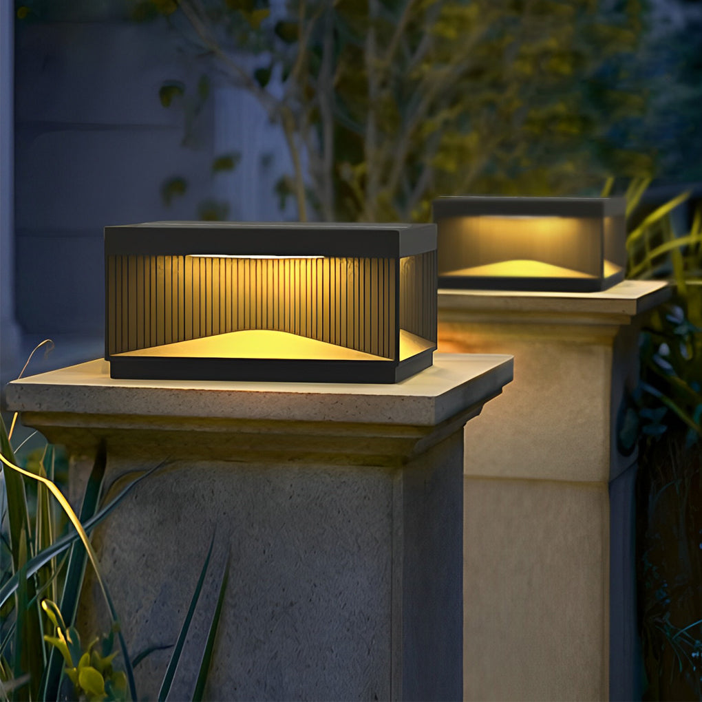 Striped Square Outdoor Pillar Light — Stainless Steel & Tempered Glass, LED 3000K, IP65, Solar / Hardwired, 4 Sizes