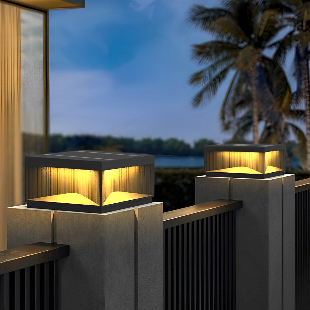 Striped Square Outdoor Pillar Light — Stainless Steel & Tempered Glass, LED 3000K, IP65, Solar / Hardwired, 4 Sizes