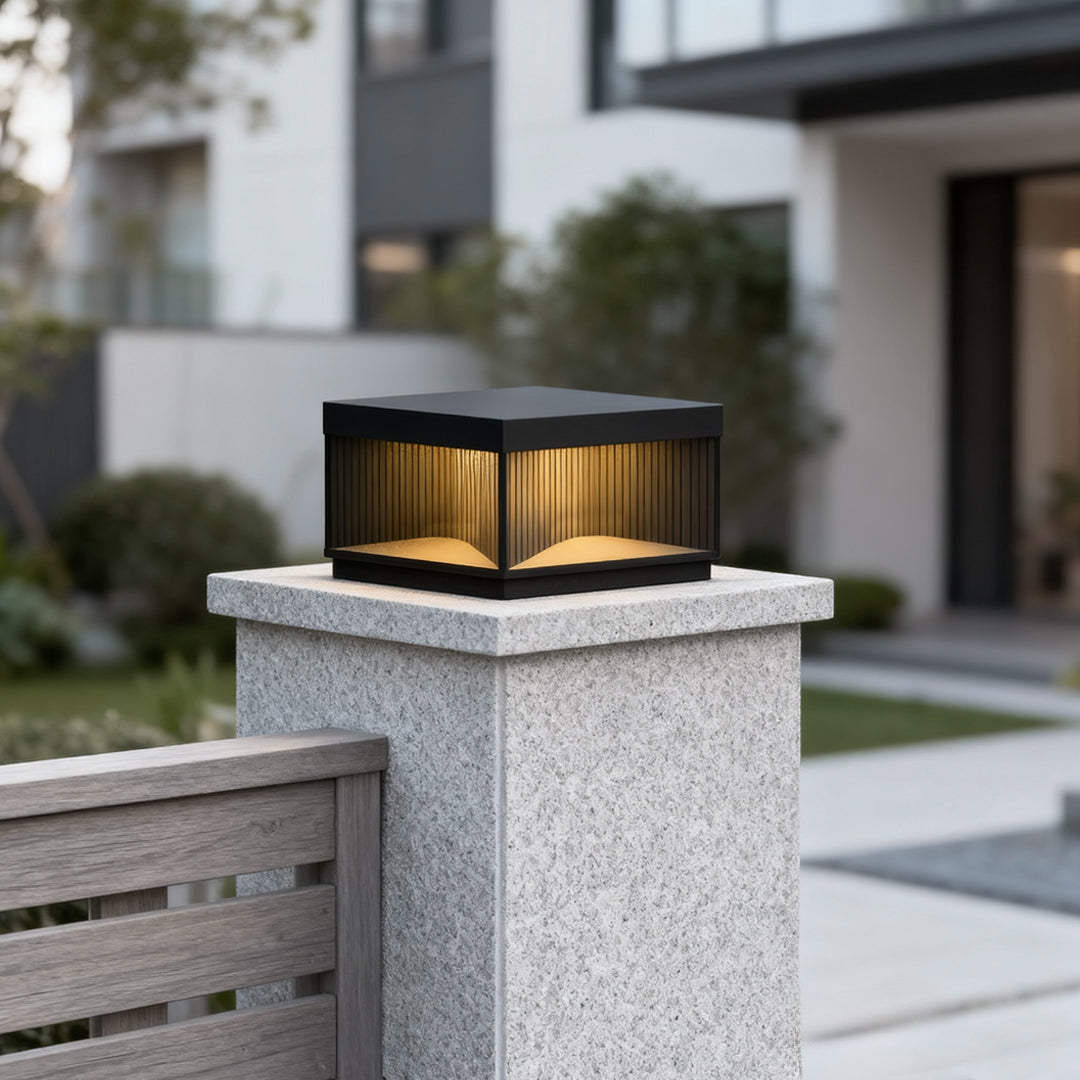 Striped Square Outdoor Pillar Light — Stainless Steel & Tempered Glass, LED 3000K, IP65, Solar / Hardwired, 4 Sizes