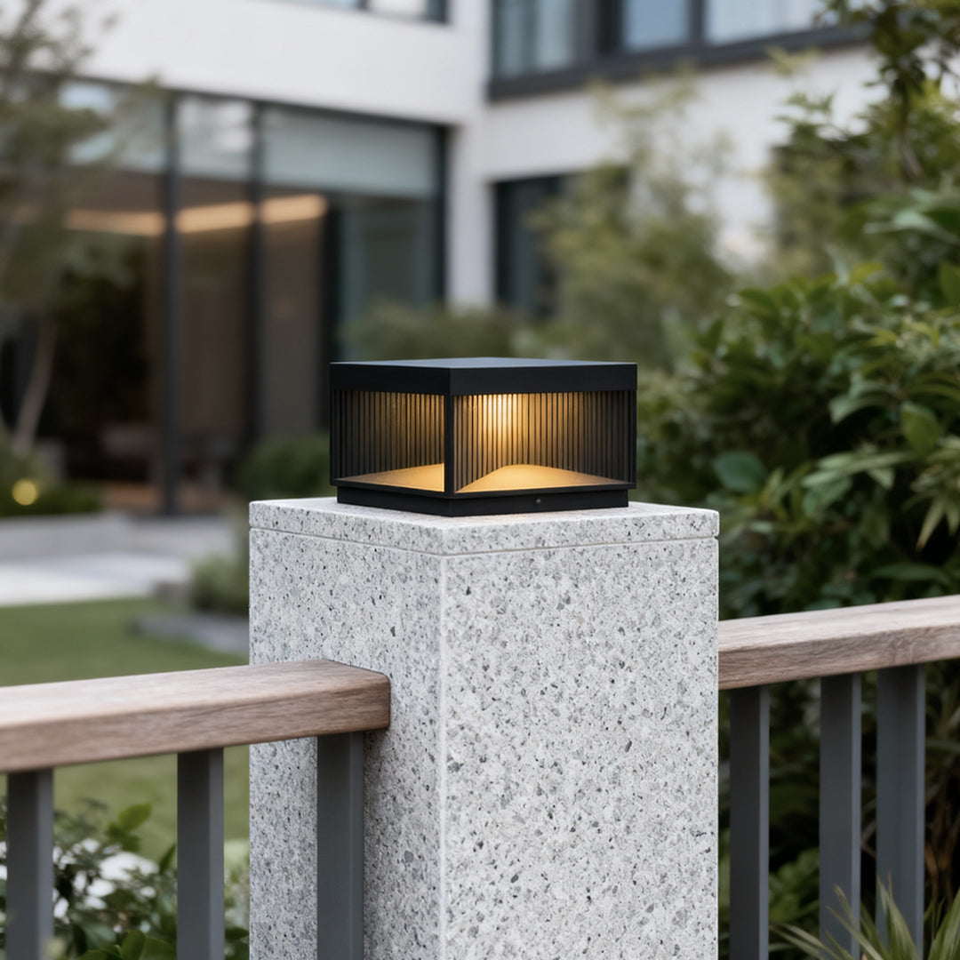 Striped Square Outdoor Pillar Light — Stainless Steel & Tempered Glass, LED 3000K, IP65, Solar / Hardwired, 4 Sizes