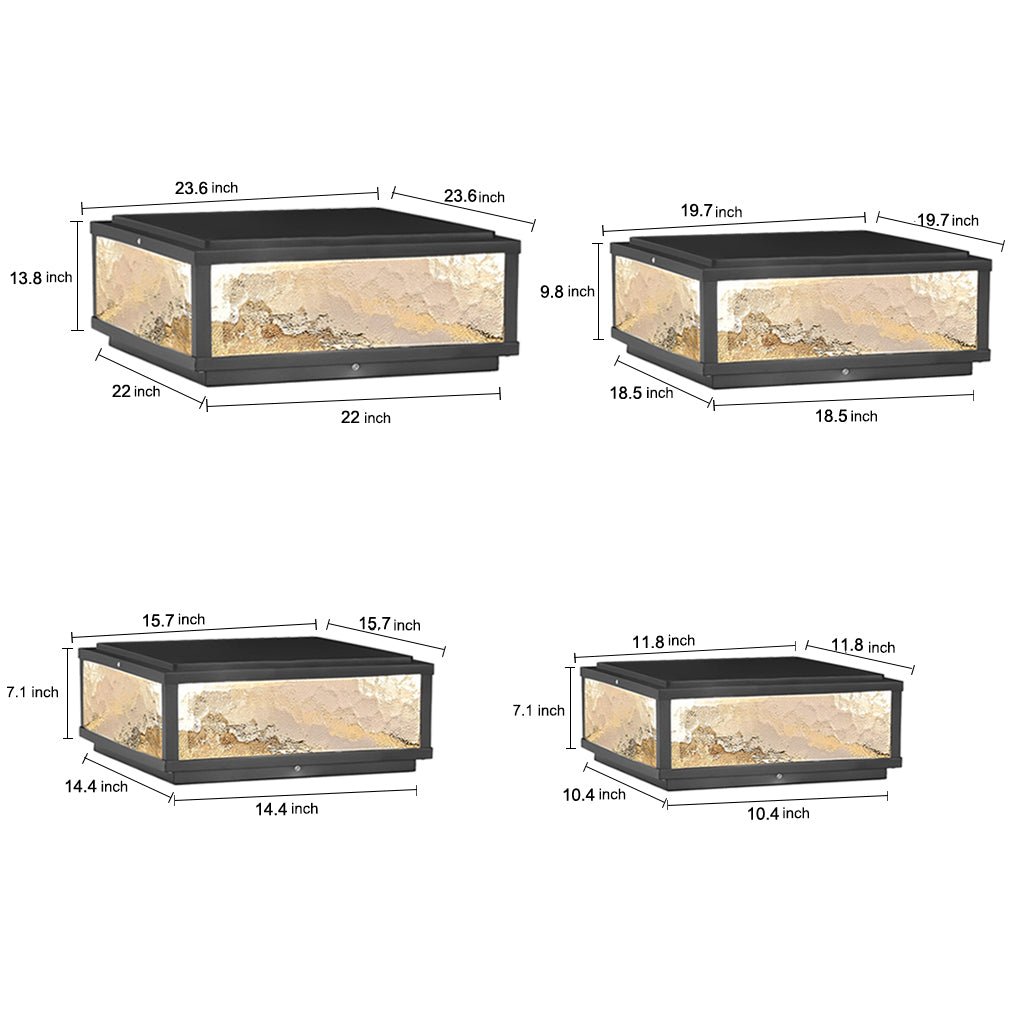 Square Outdoor Pillar Light — Die-Cast Aluminum, Black, E27, Solar / Hardwired, Waterproof, 4 Sizes
