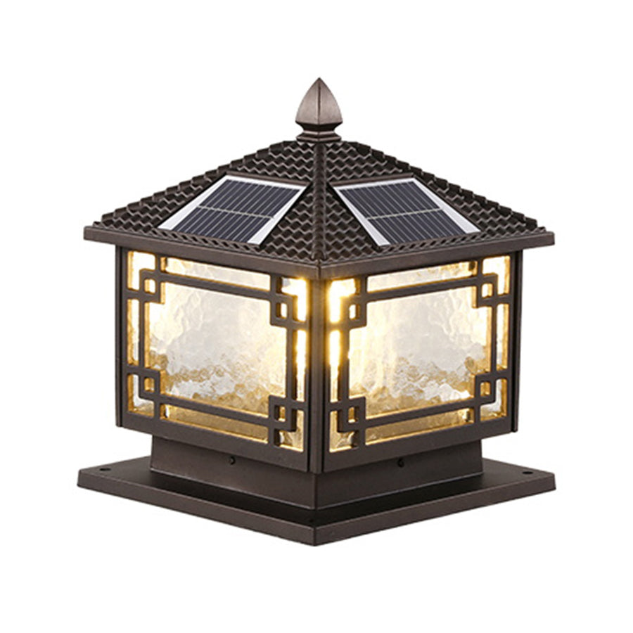 Retro Square Lantern Outdoor Pillar Light — Die-Cast Aluminum, Coffee Gold, E27, IP54, 3-Step Dimming, Solar or Hardwired