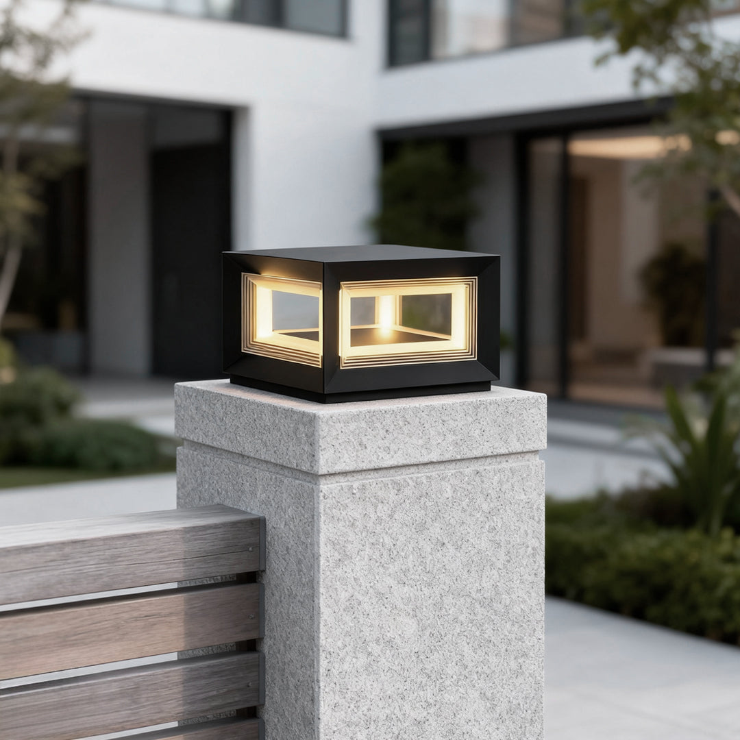 Modern Square Cube Solar / Hardwired Fence Post Pillar Light — Stainless Steel & Acrylic, LED, IP65, Dusk-to-Dawn