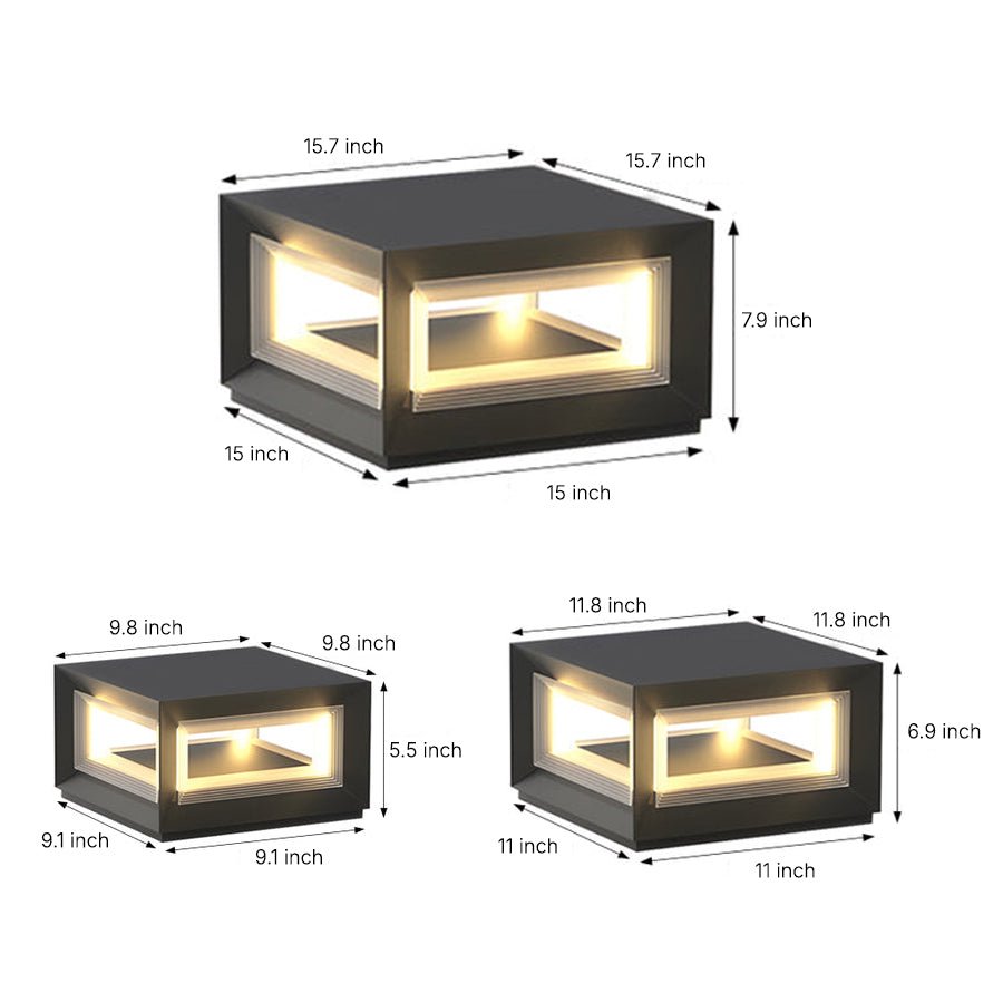 Modern Square Cube Solar / Hardwired Fence Post Pillar Light — Stainless Steel & Acrylic, LED, IP65, Dusk-to-Dawn