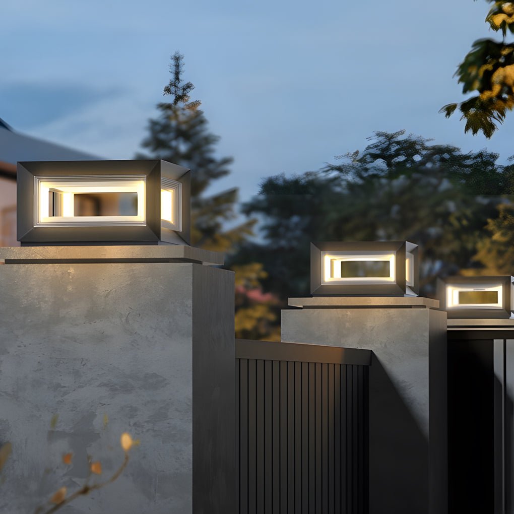 Modern Square Cube Solar / Hardwired Fence Post Pillar Light — Stainless Steel & Acrylic, LED, IP65, Dusk-to-Dawn