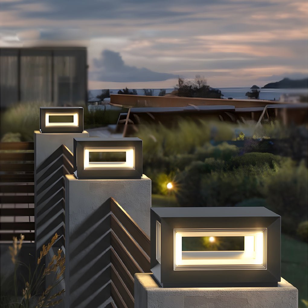 Modern Square Cube Solar / Hardwired Fence Post Pillar Light — Stainless Steel & Acrylic, LED, IP65, Dusk-to-Dawn