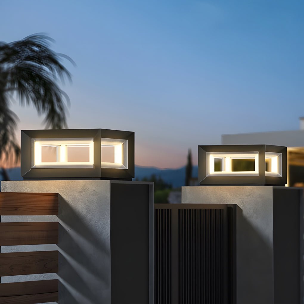 Modern Square Cube Solar / Hardwired Fence Post Pillar Light — Stainless Steel & Acrylic, LED, IP65, Dusk-to-Dawn