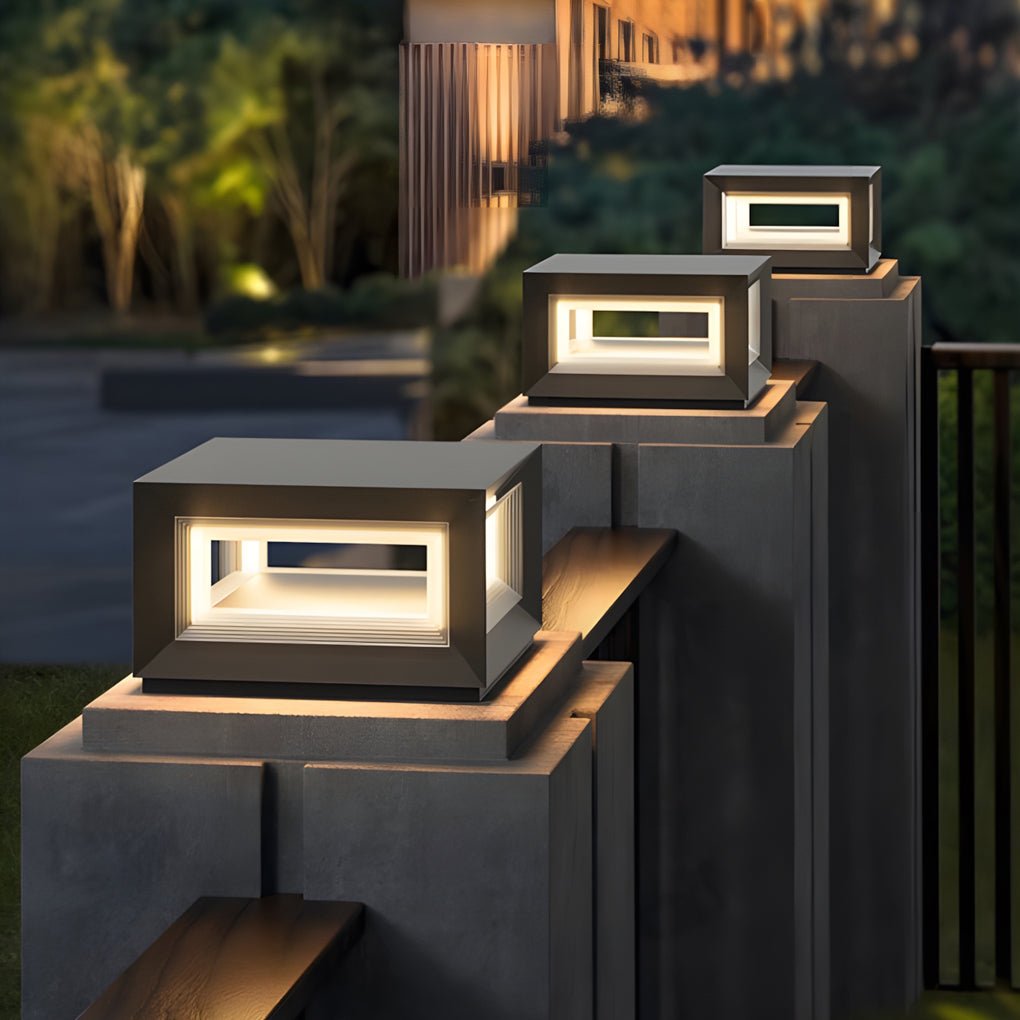 Modern Square Cube Solar / Hardwired Fence Post Pillar Light — Stainless Steel & Acrylic, LED, IP65, Dusk-to-Dawn