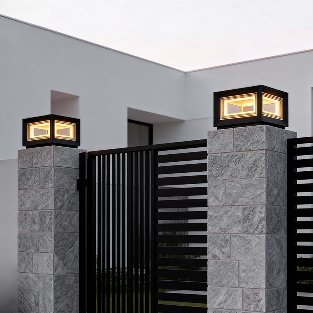 Modern Square Cube Solar / Hardwired Fence Post Pillar Light — Stainless Steel & Acrylic, LED, IP65, Dusk-to-Dawn