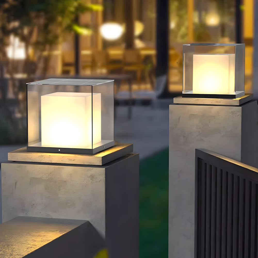 Minimalist Square Gate Pillar Light — Stainless Steel & Glass, Solar or Hardwired, 3000K LED, IP65, 360° Illumination