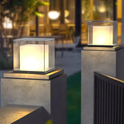 Minimalist Square Gate Pillar Light — Stainless Steel & Glass, Solar or Hardwired, 3000K LED, IP65, 360° Illumination