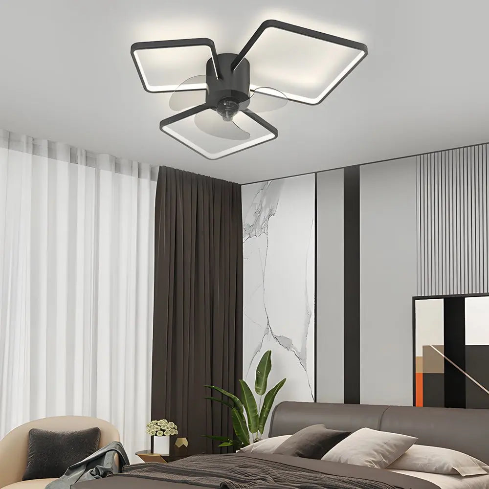Modern Ceiling Fan Lamp with Square and Round Rings - Three-Step Dimming LED and Silent Operation Luxe
