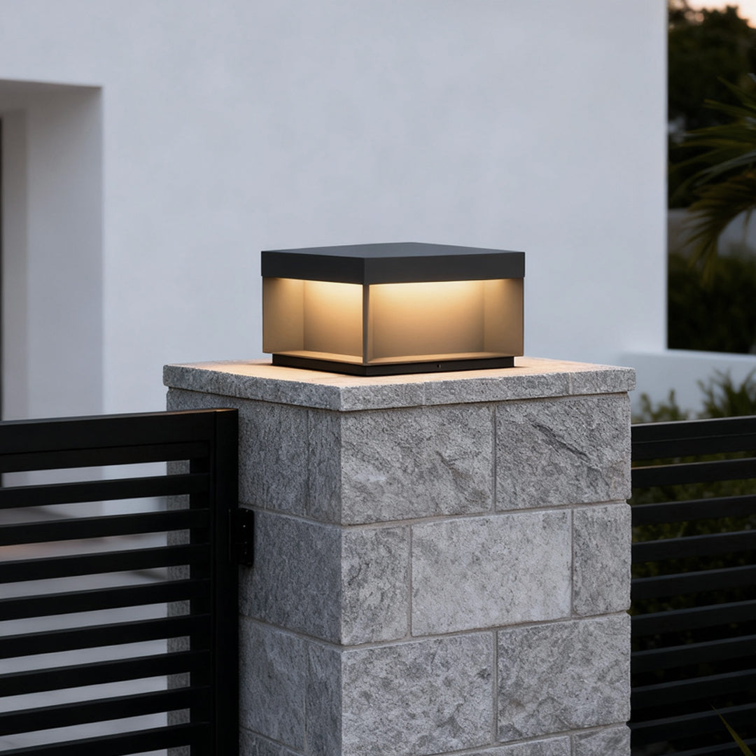 Industrial Square Solar / Hardwired Deck Pillar Light — Black Stainless Steel, LED 3000K, IP65, 5 Sizes