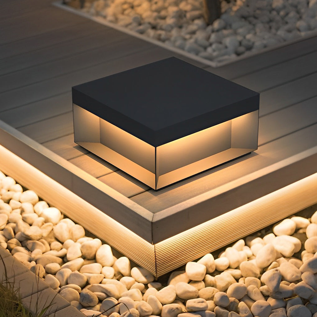 Industrial Square Solar / Hardwired Deck Pillar Light — Black Stainless Steel, LED 3000K, IP65, 5 Sizes