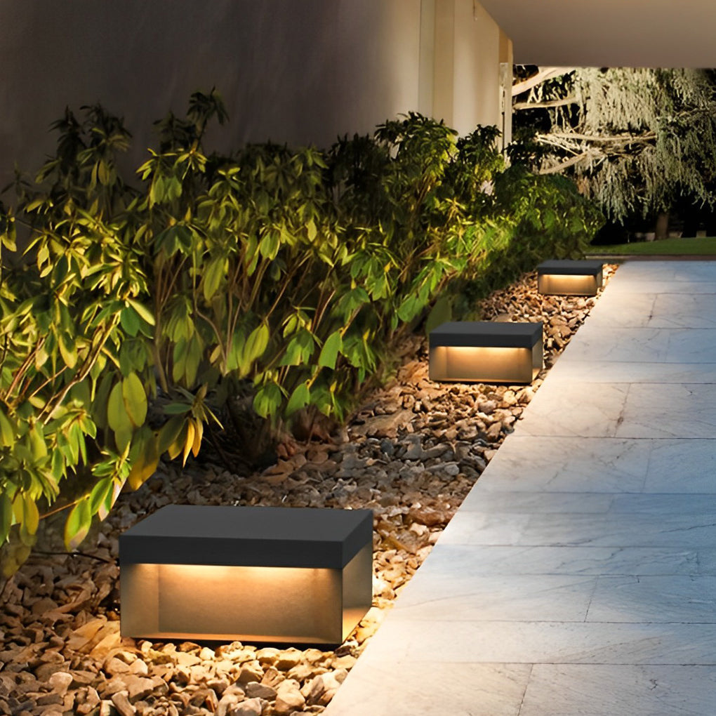 Industrial Square Solar / Hardwired Deck Pillar Light — Black Stainless Steel, LED 3000K, IP65, 5 Sizes