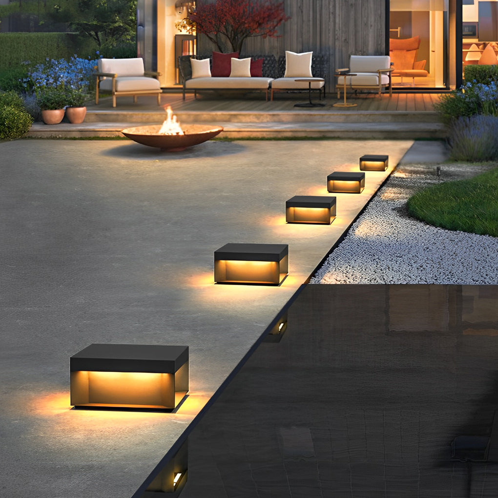 Industrial Square Solar / Hardwired Deck Pillar Light — Black Stainless Steel, LED 3000K, IP65, 5 Sizes