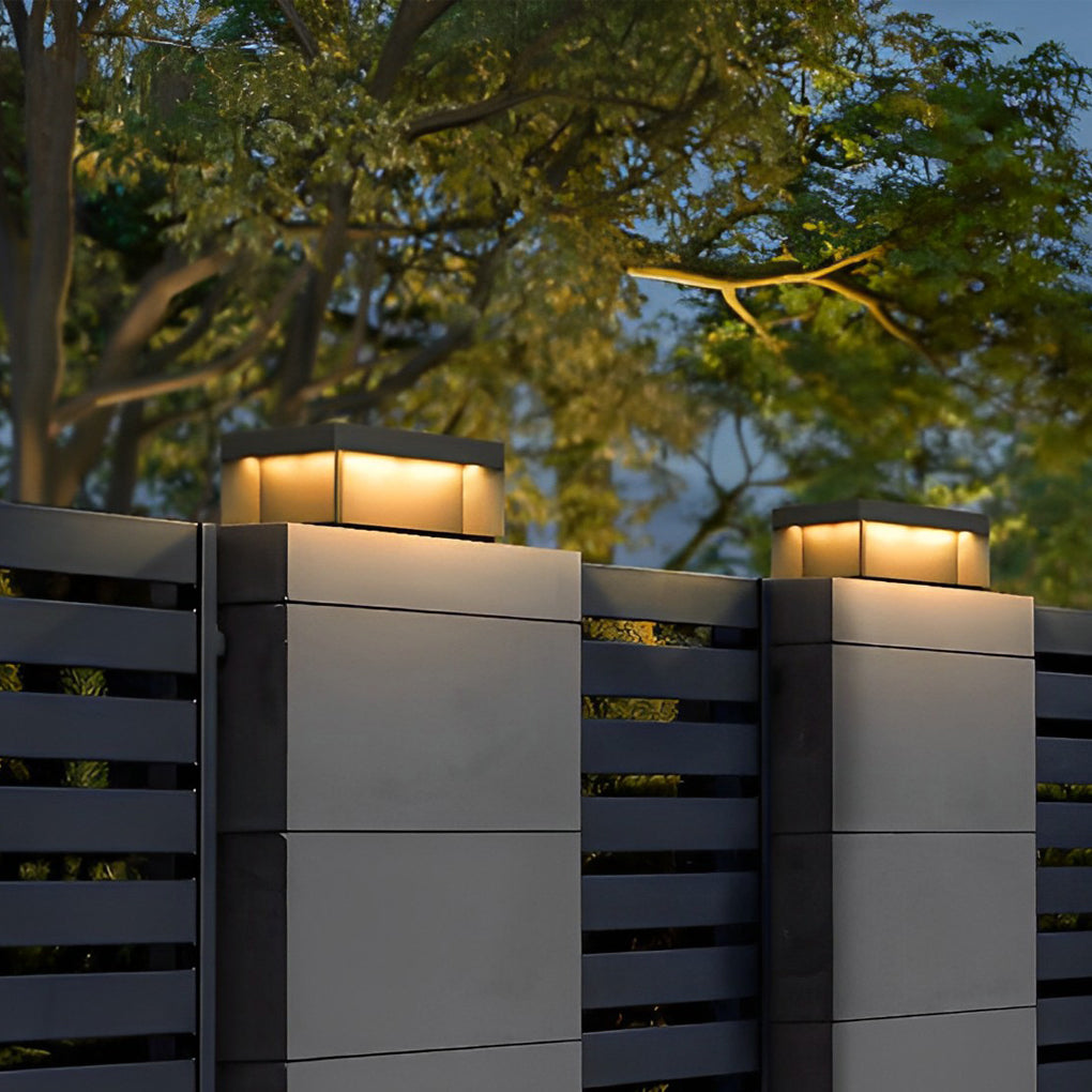 Industrial Square Solar / Hardwired Deck Pillar Light — Black Stainless Steel, LED 3000K, IP65, 5 Sizes