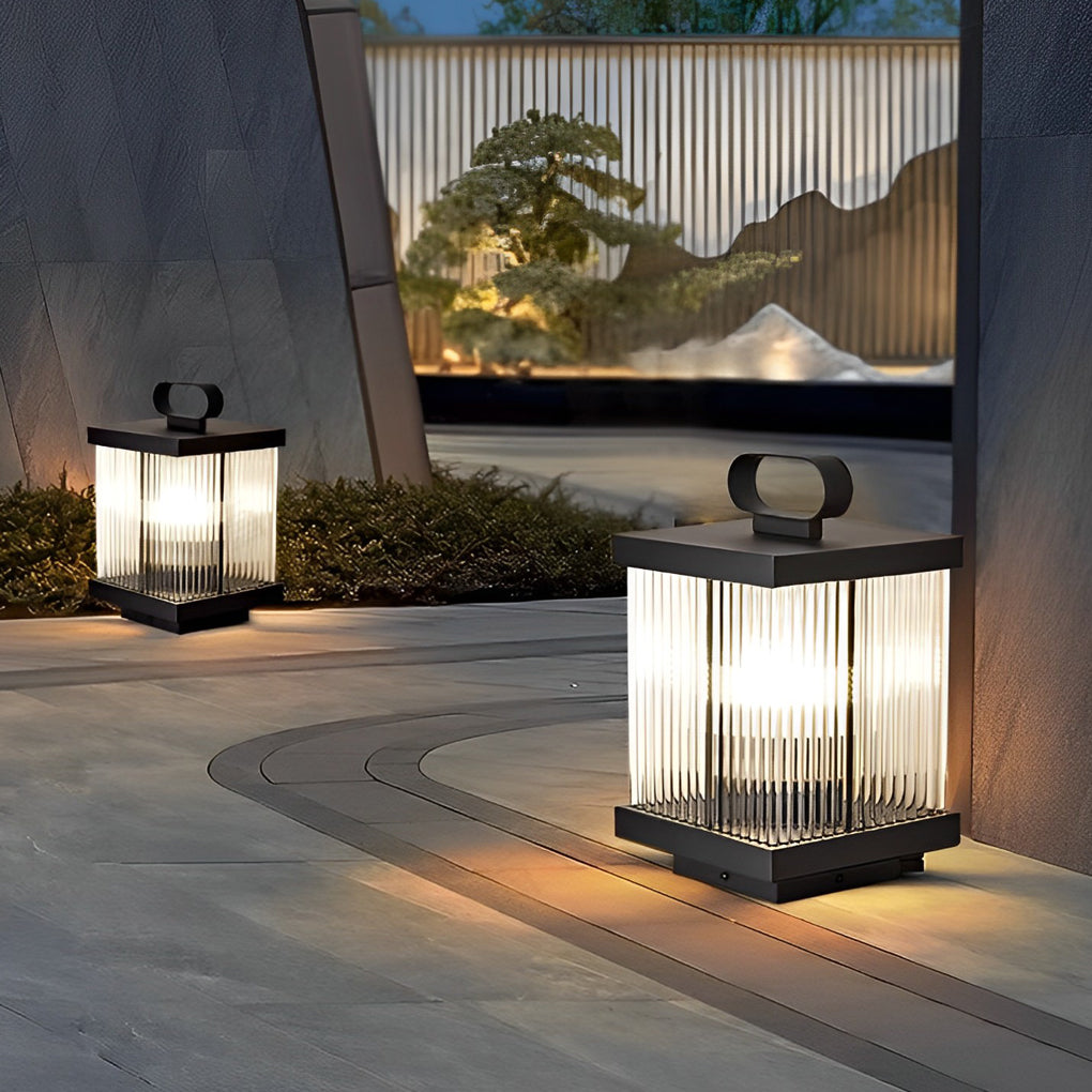Square Ripple-Glass Outdoor Lantern — Black, 12W LED, 4000K, IP65, Solar / Hardwired, Remote, 3 Sizes