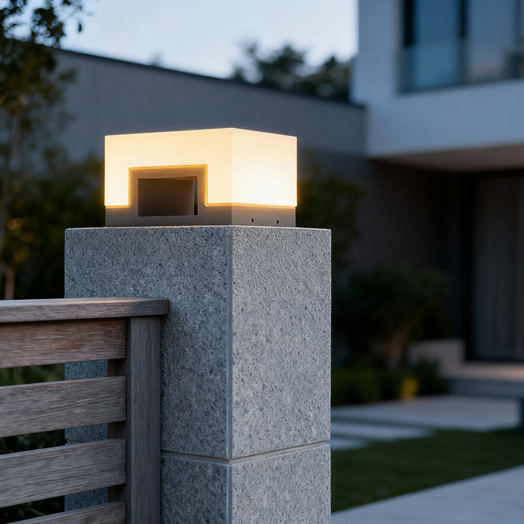 Square Outdoor Pillar Light — Stainless Steel, PE Shade, Solar / Hardwired, 3000K, IP65 Weatherproof