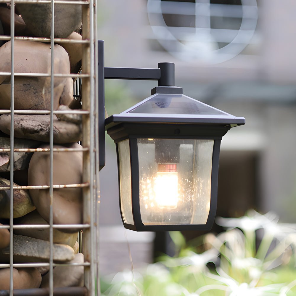 Retro Square Solar Outdoor Wall Sconce — Black Die-Cast Aluminum and Glass, Waterproof