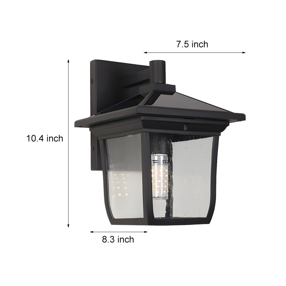 Retro Square Solar Outdoor Wall Sconce — Black Die-Cast Aluminum and Glass, Waterproof