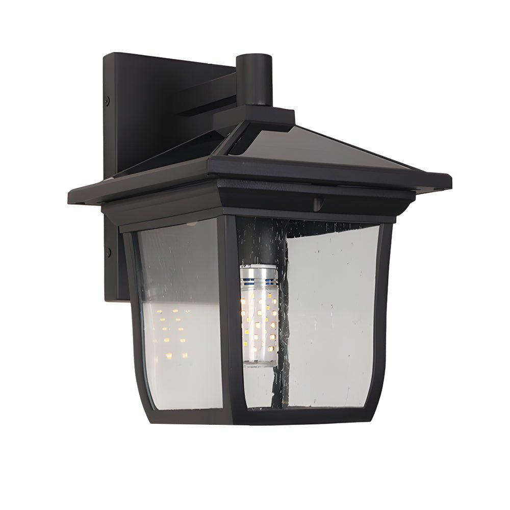 Retro Square Solar Outdoor Wall Sconce — Black Die-Cast Aluminum and Glass, Waterproof