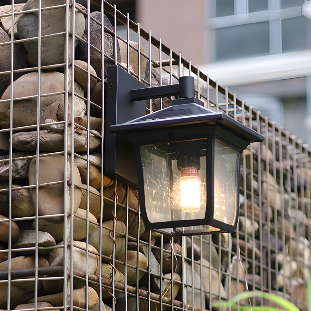 Retro Square Solar Outdoor Wall Sconce — Black Die-Cast Aluminum and Glass, Waterproof
