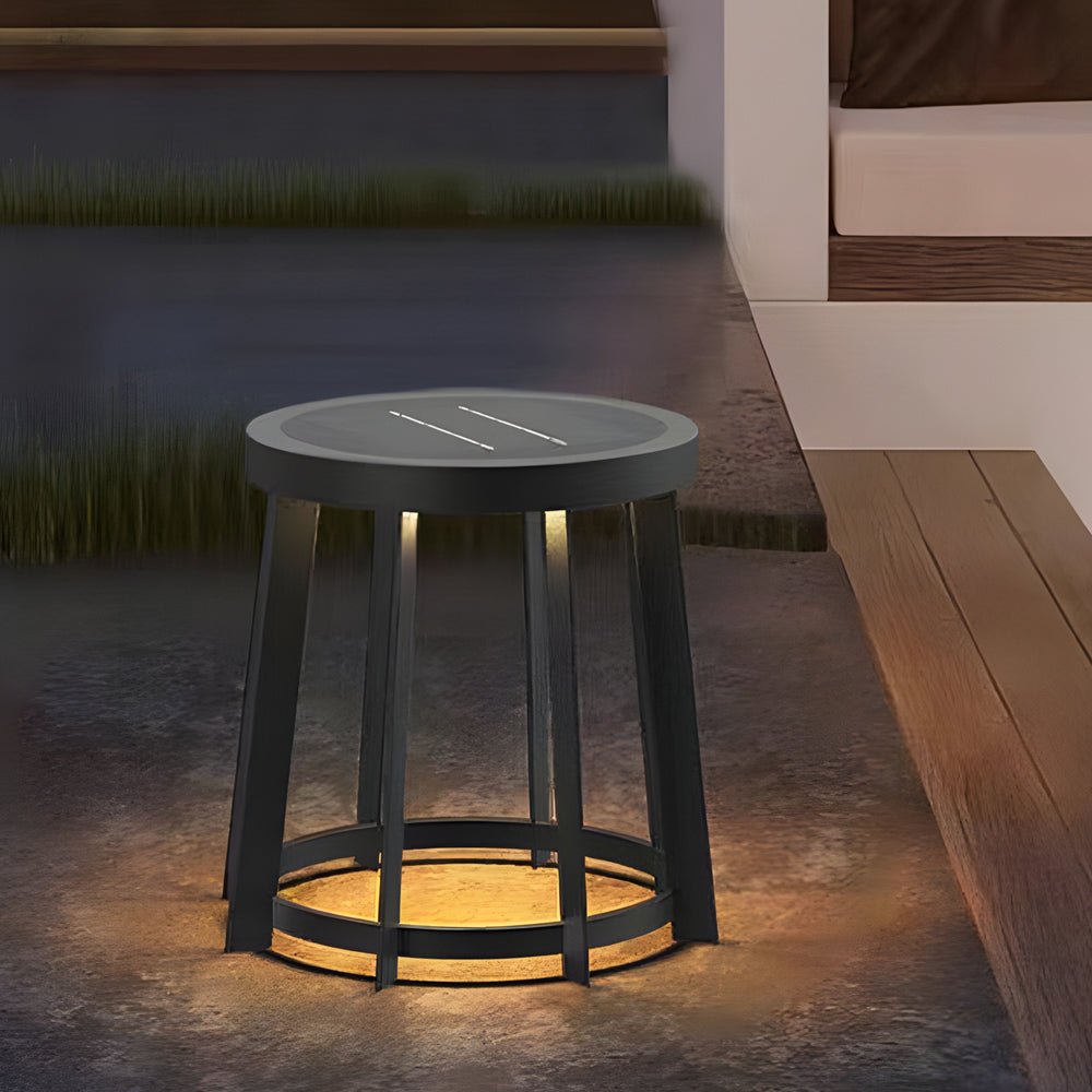 Round Stool Solar / Hardwired Outdoor LED Light — Stainless Steel, IP65, Warm White 3000K, 13" or 18.5" Height