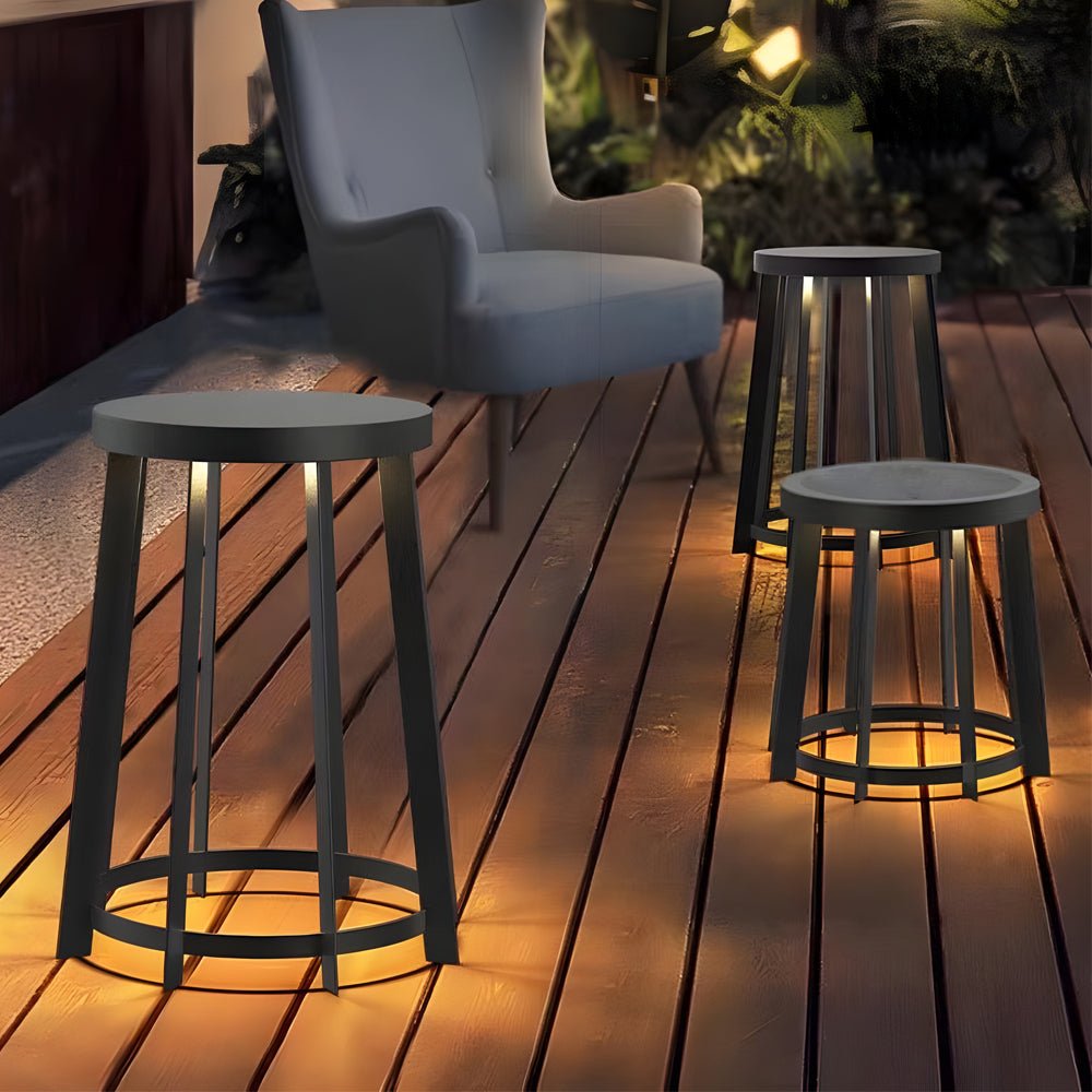Round Stool Solar / Hardwired Outdoor LED Light — Stainless Steel, IP65, Warm White 3000K, 13" or 18.5" Height