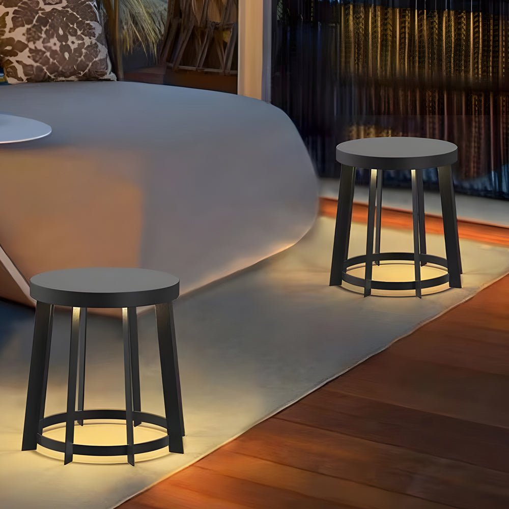 Round Stool Solar / Hardwired Outdoor LED Light — Stainless Steel, IP65, Warm White 3000K, 13" or 18.5" Height