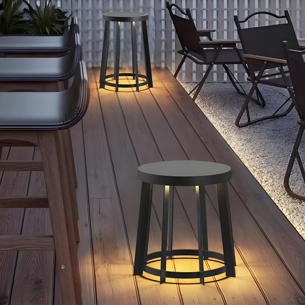 Round Stool Solar / Hardwired Outdoor LED Light — Stainless Steel, IP65, Warm White 3000K, 13" or 18.5" Height