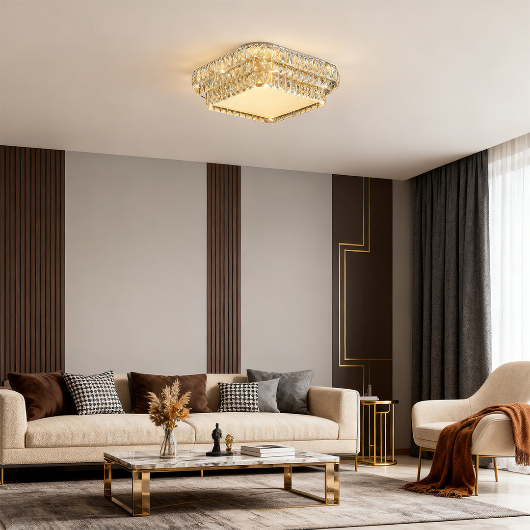 Crystal Flush-Mount Ceiling Light — Chrome Stainless Steel, LED, 3-Step Dimming (3000K/4500K/6000K), Round / Square / Rectangle