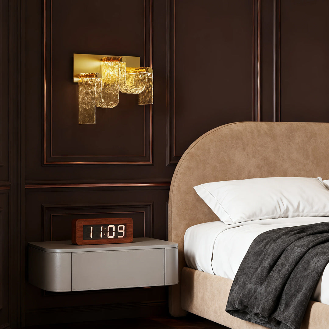 Italian Light Luxury Wall Sconce — Gold Metal, Amber Glass, LED, 9W / 11W, 3000K Warm White