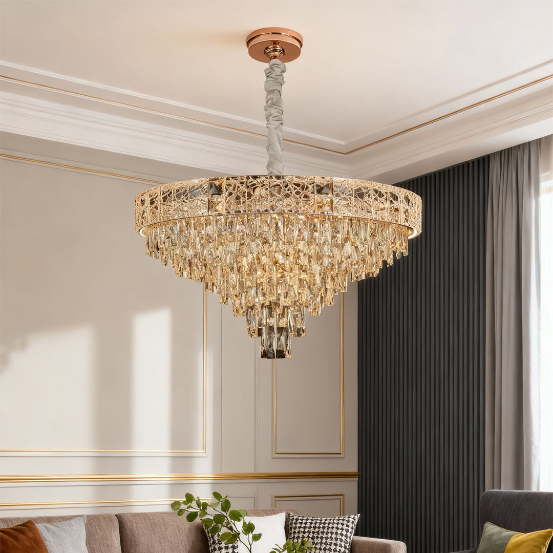 Luxury Crystal Chandelier — Champagne Gold Steel, Tri-Color Dimmable LED + E14, 4 Sizes (21.7"–37.4"), Adjustable Rope