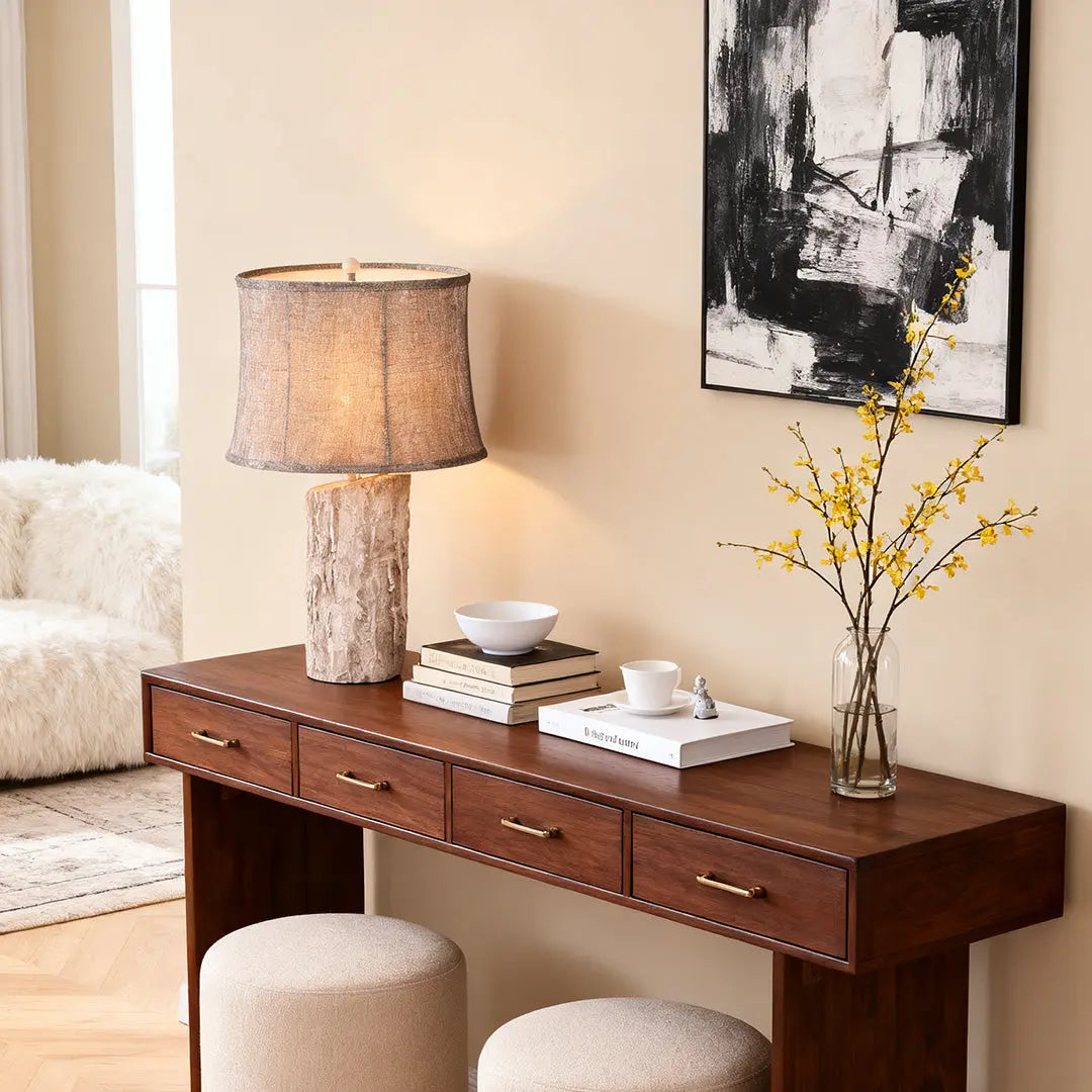 Ambient Lamp with White Wood Base and Realistic Bark Fabric Shade Luxe