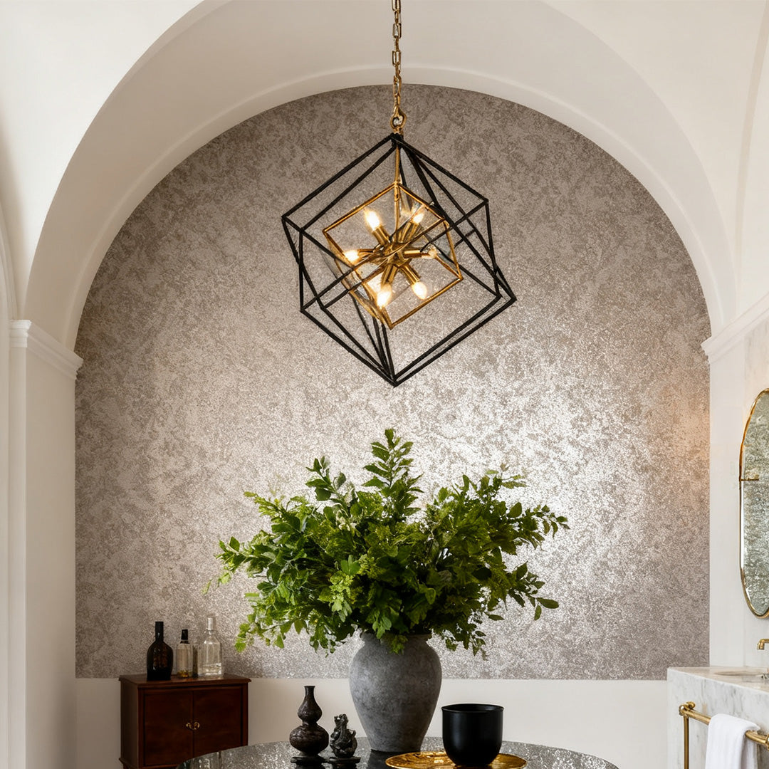 Industrial Square Pendant Light — Black and Gold Iron, Acrylic Shade, E12, Adjustable Chain, 26"