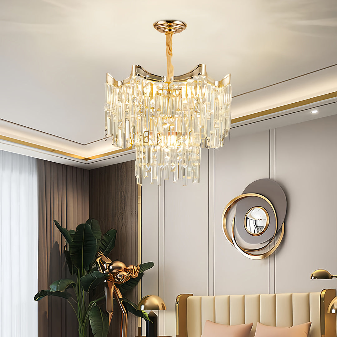 Tiered Waterfall Crystal Chandelier — Gold, K9 Crystal, Three-Color Dimming, 23.6" or 31.5"