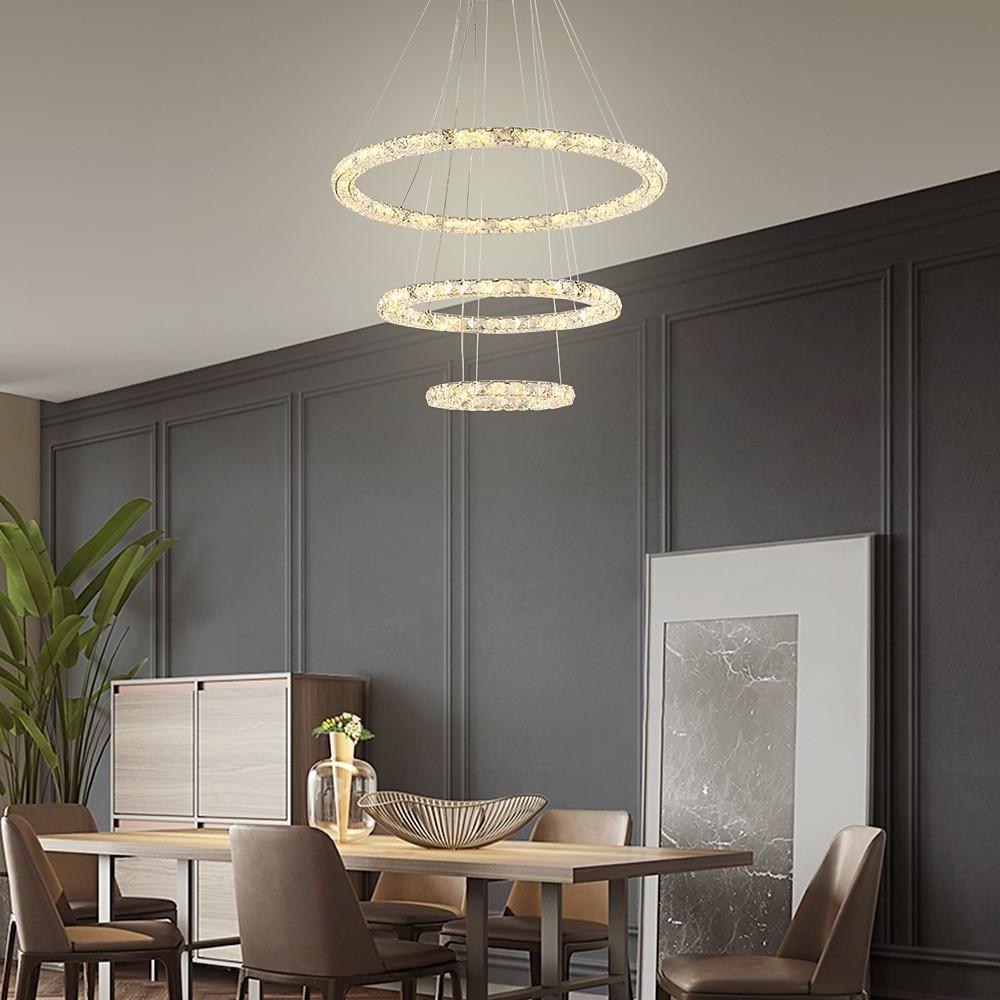 Tiered Crystal Ring Chandelier — Metal & Crystal, LED 3000K, 3-Ring or 4-Ring, 39" Adjustable Cord