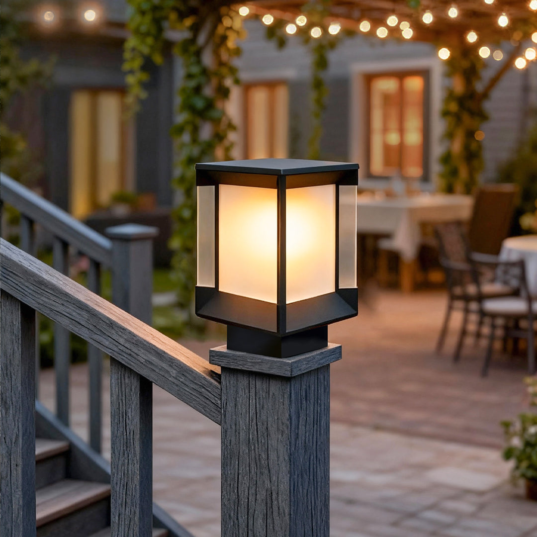 Modern Minimalist Outdoor Pillar Light — Black Aluminum, Clear Glass, Solar / Hardwired, IP65, LED E27, 3 Sizes