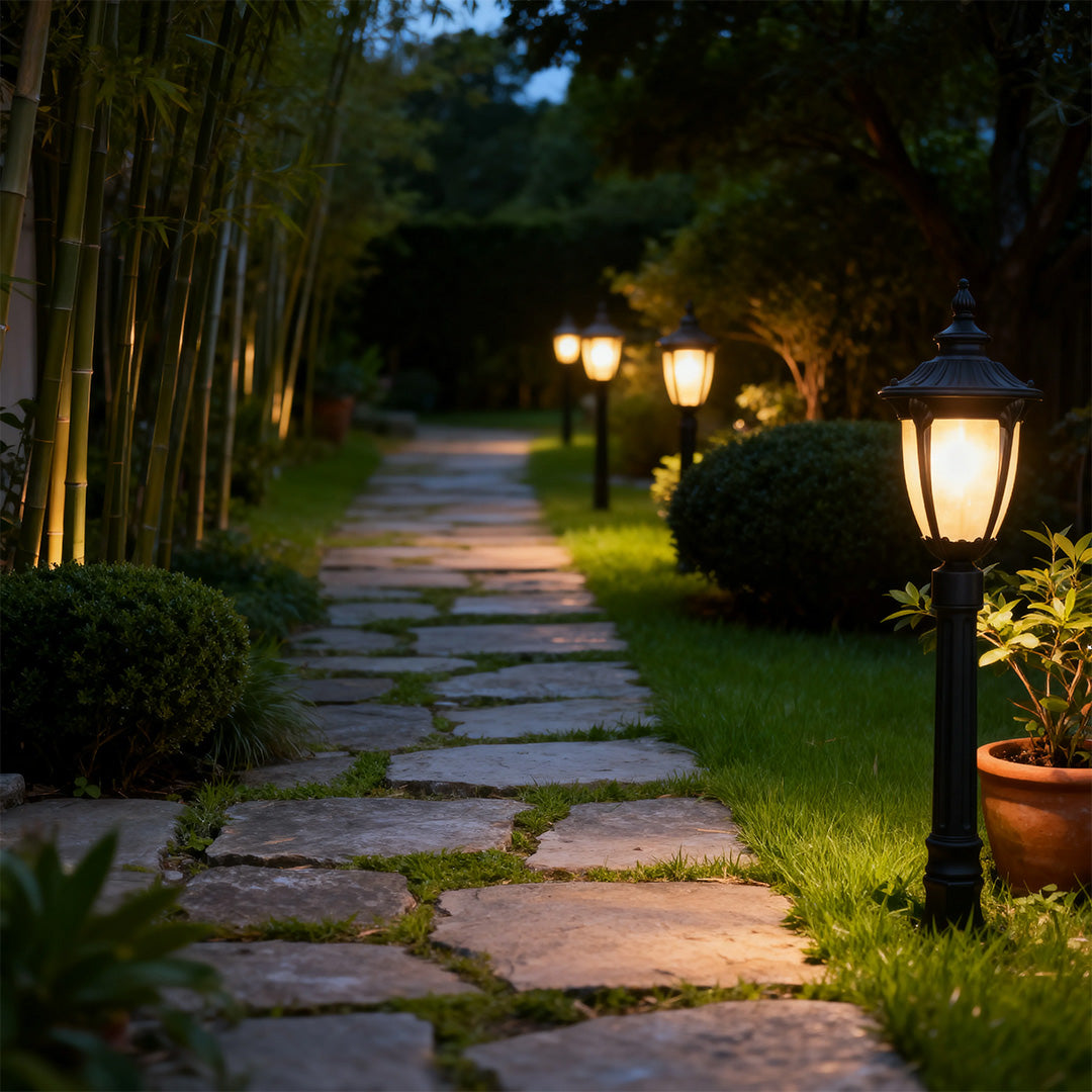 Traditional European Garden Post Light — Black Aluminum, Clear Glass, 9W E26, IP44 Weatherproof