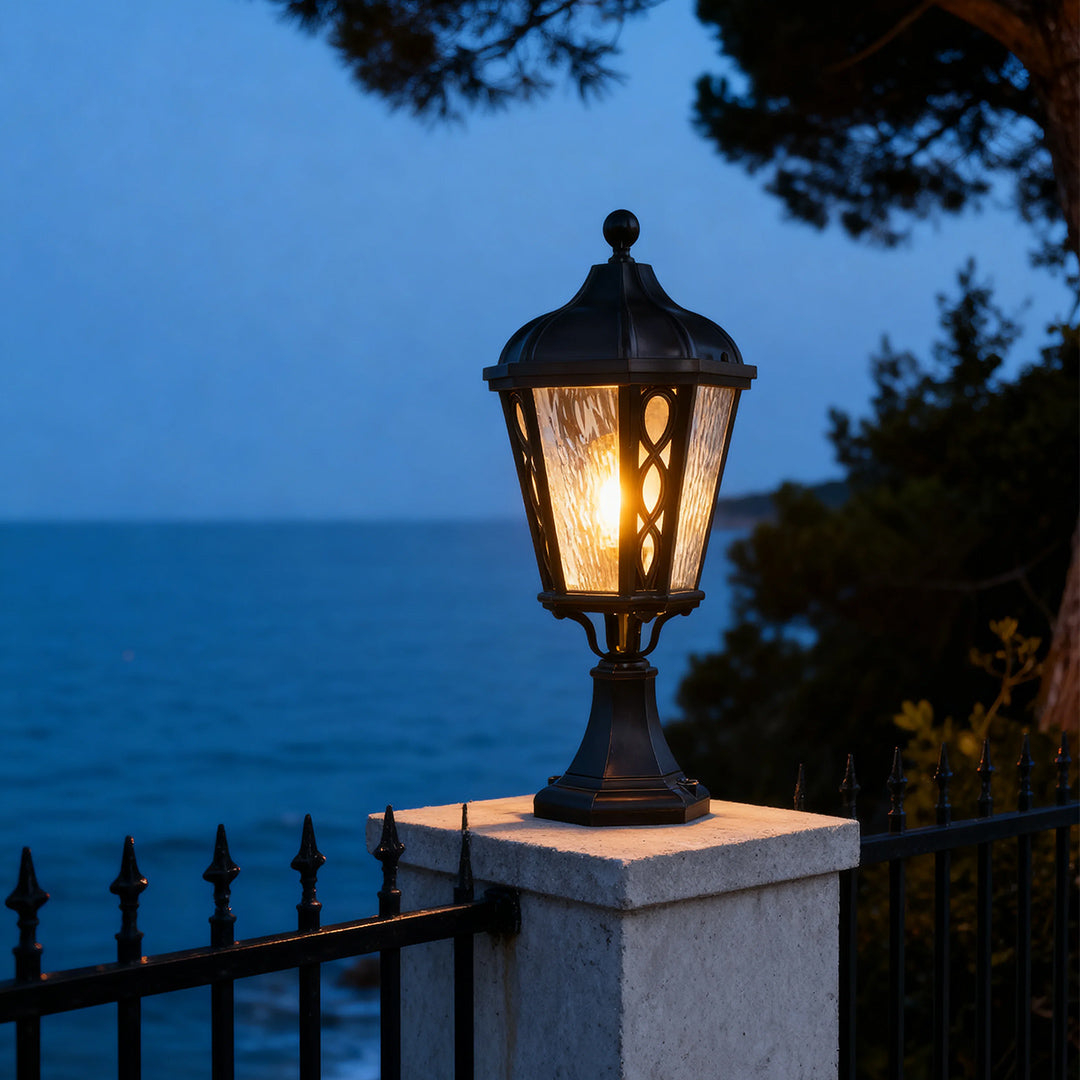 Vintage Column Outdoor Post Light — Sand-Black Aluminum, Glass Shade, 12W E26, IP44, 3000K