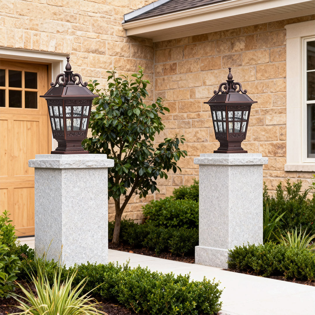 Vintage Carved Pillar Garden Light — Cast Aluminum with Glass Shade, 12W E27, IP44, 3000K Warm White